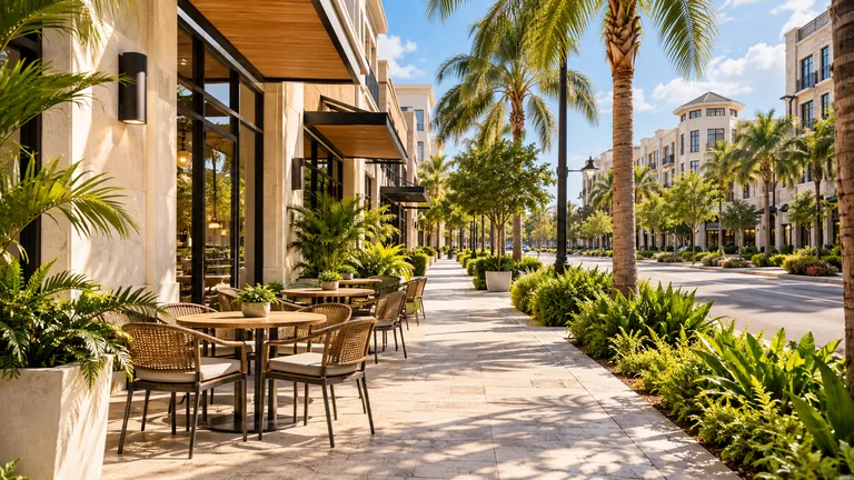 AI-generated Florida-inspired streetscape with palms, storefronts and a café patio; a fictional scene.